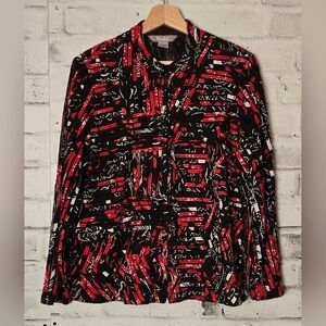 Vintage TanJay Red Black Crinkle Mesh Zip Front Blouse Sheer Textured Top L